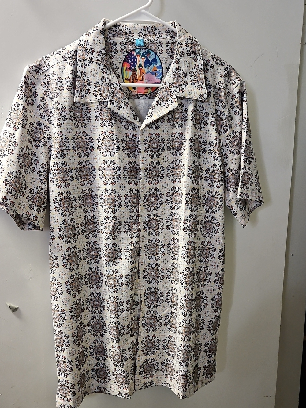 Men's Short-Sleeve Button-Down Shirt - White with Brown Floral Medallion Print